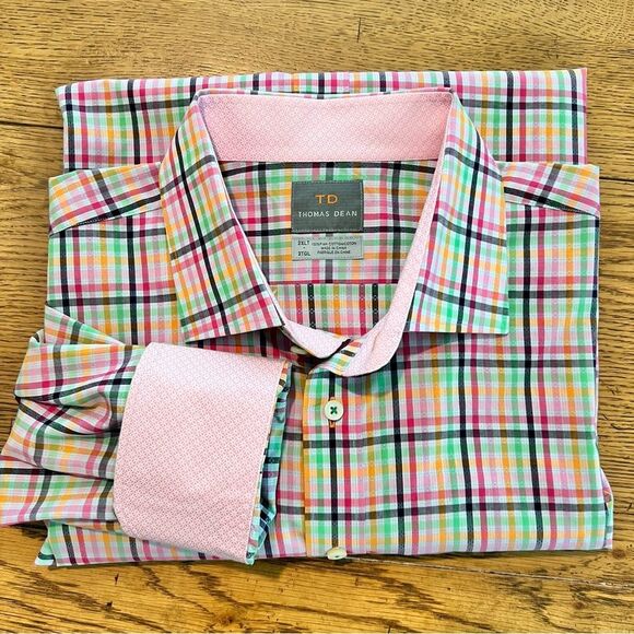 Thomas Dean Men’s Pink Plaid Contrast Cuffs Button Up Shirt Sz. 2XLT Pima Cotton - Picture 1 of 13